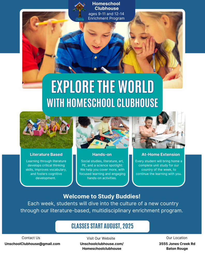 Study Buddies is a literature-based, multidisciplinary enrichment program that incorporates hands-on activities in an environment designed to encourage social growth.
Each week, students will dive into the culture of a new country through literature, art, sports, and science.
Students will bring home a complete unit study each week, so you have the option to continue the learning together.